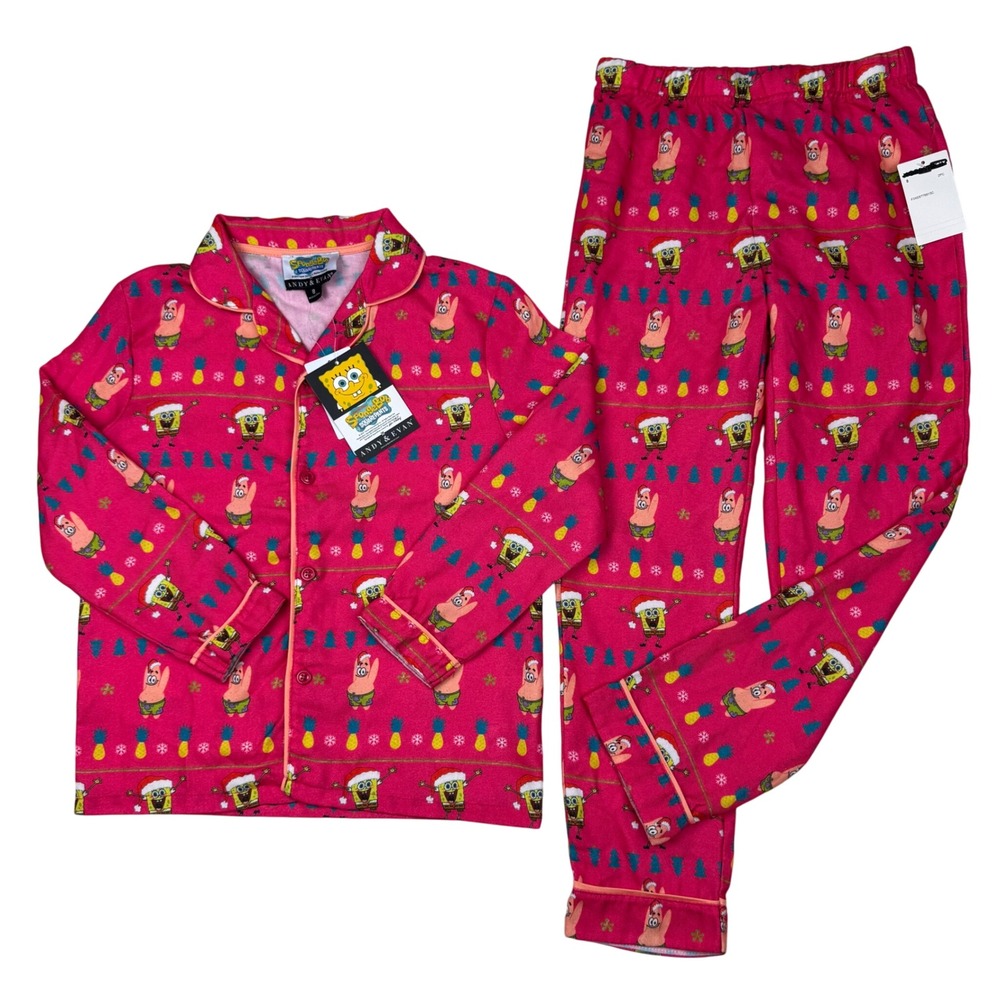 Andy & Evan Spongebob Squarepants Kids Pajama Set Size 8 Pink‎ Christmas Cozy